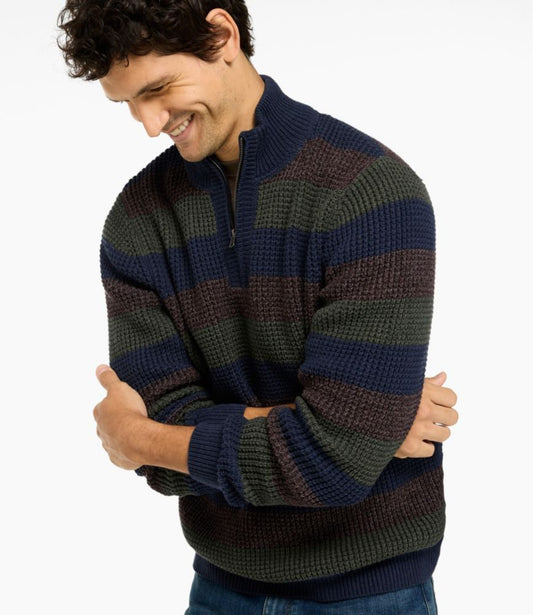Men's Organic Cotton Waffle Sweater, Quarter Zip, Stripe - US 7864
