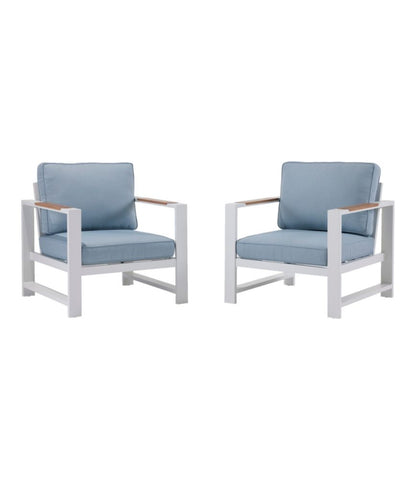 White Aluminum Deep Seating Armchair with Blue Cushions, Set of Two - US 8261