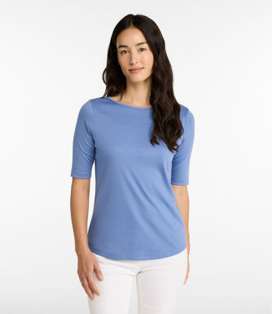 Women's Pima Cotton Tee, Elbow-Sleeve Boatneck - US 9077